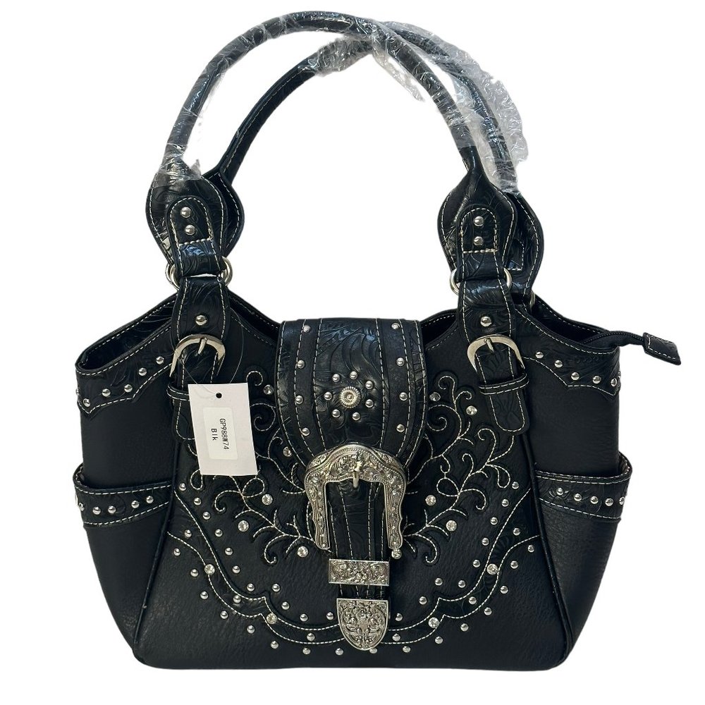 (8-209) Brand New w/Tag Black Leather-Like Western Shoulder Handbag